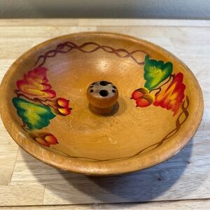 Footed Wooden Nut Bowl Hand Painted Fall Leaves Vintage VGC
